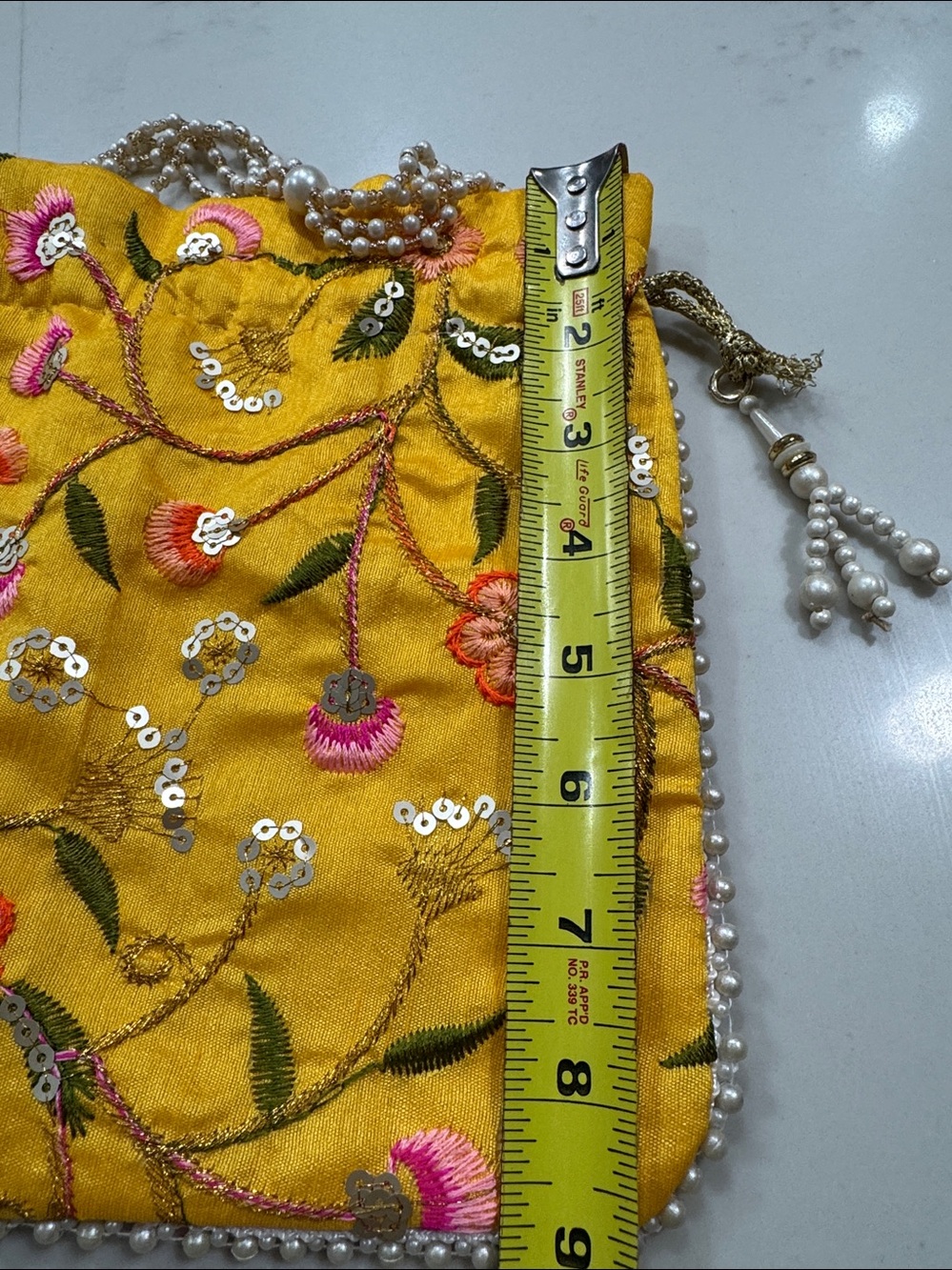 Yellow Floral Embroidered Indian potli Bag - Picture 9 of 10